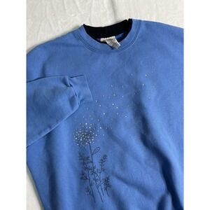 Morning Sun Top Stitch Pullover Sweatshirt Blue Floral Embroidered Rhinestone XL